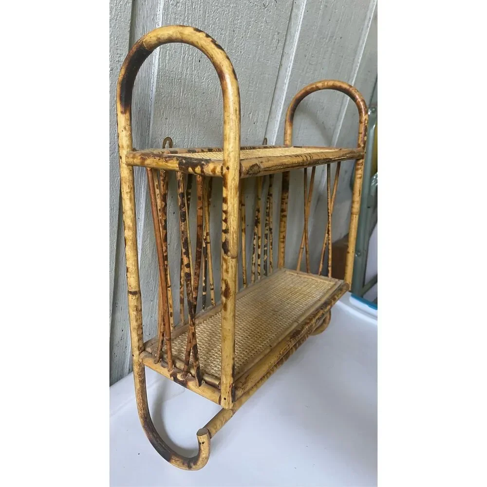 Vtg Tortise Shell Bamboo Boho Tiki Cane Rattan Wicker 2 level Wall Shelf w/ Towe
